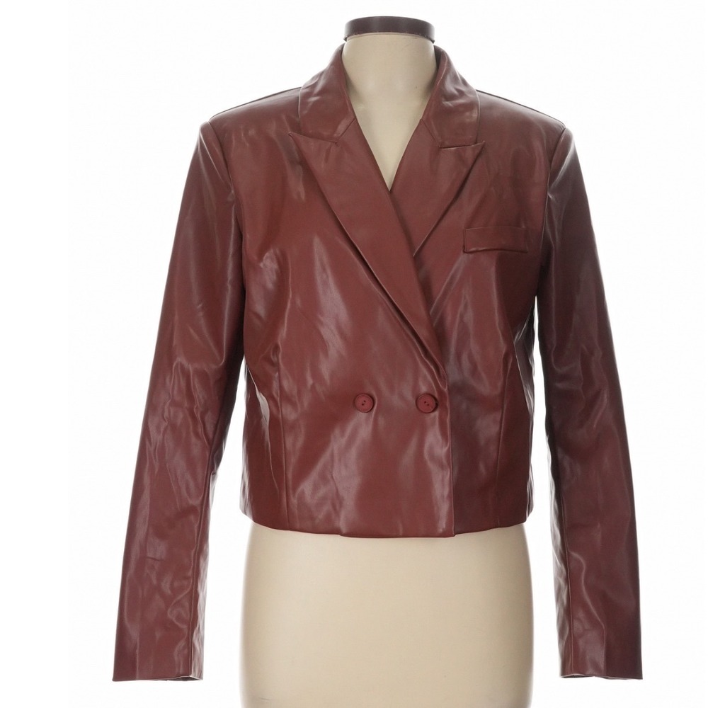 Area Stars Brown Faux Leather Cropped Blazer Large Indie Moto Fall Jacket